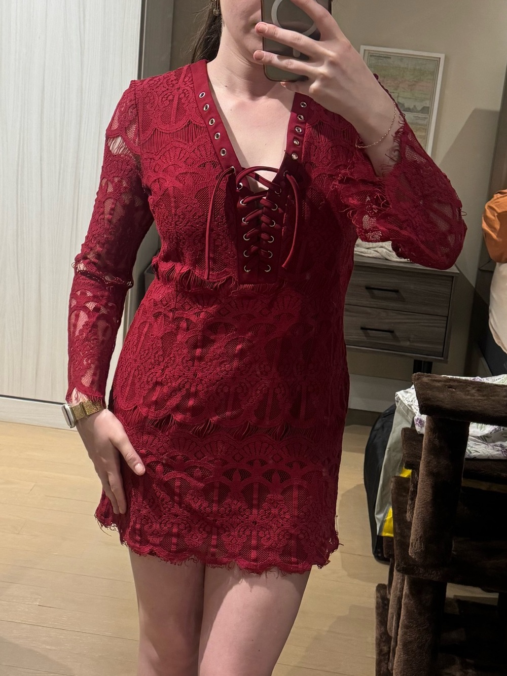 Women’s Red Lace Long Sleeve Dress with Lace-Up V-Neck